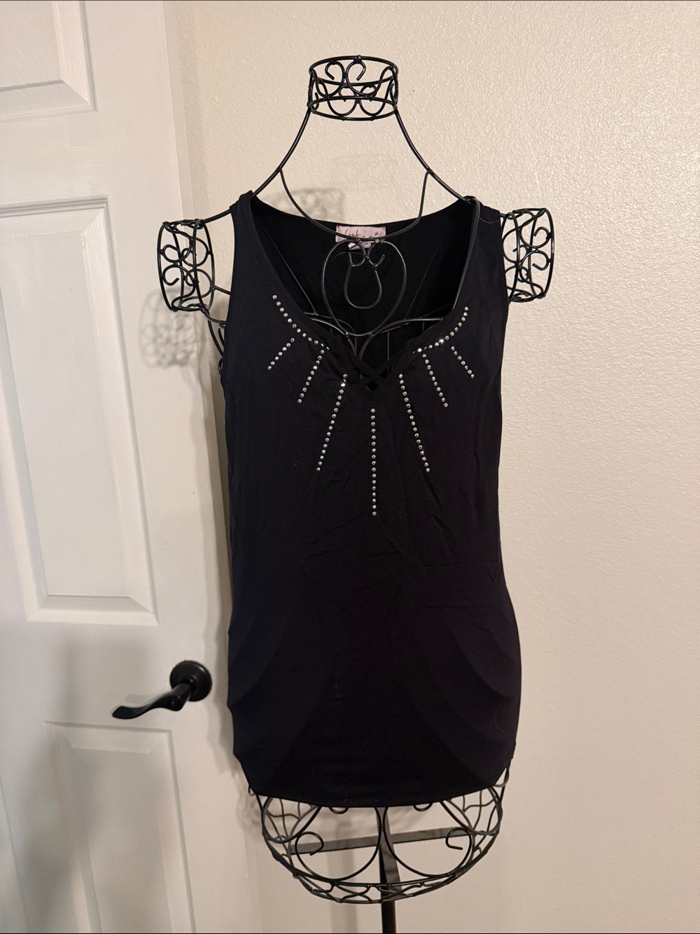Black Stud-Detail Lace-Up V-Neck Tank Top